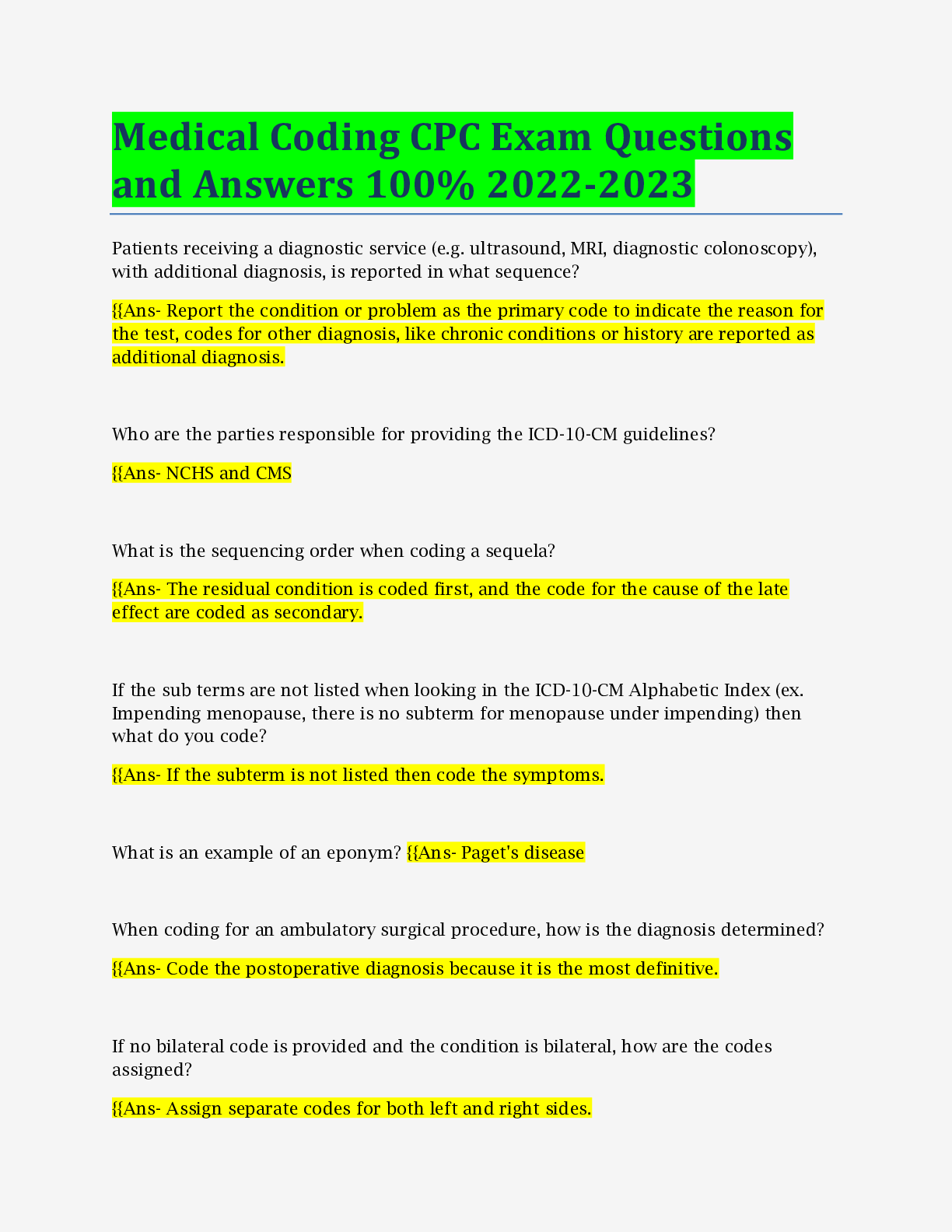 Preview of Medical Coding CPC Exam Questions and Answers 100% 2022-2023